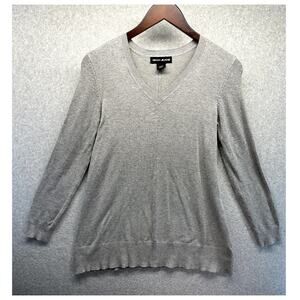 DKNY Jeans Womens Sweater Top V-Neck Size Small Gray Tight Knit Long Sleeve